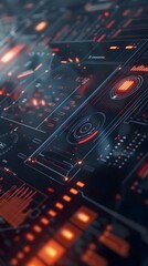 A sleek and streamlined digital illustration in a dark gray and red color palette featuring a variety of futuristic technology-based images and hyper-detailed s of red circuits and lights creating a m