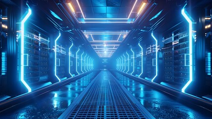 A realistic and detailed image of a futuristic data center featuring rows of servers and bright blue LED lights High resolution and 8K for advertising and banner usage