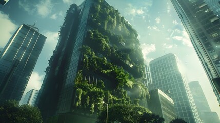 A visually striking image of a tall futuristic skyscraper with lush plant life growing on its walls and roof in a city environment depicted in a high-definition matte painting style - obrazy, fototapety, plakaty