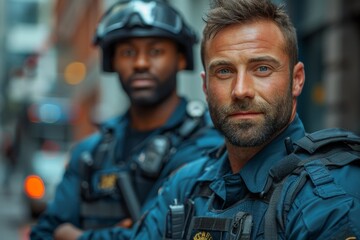 A male policeman's portrait with strong eye contact, his partner blurred in the background - obrazy, fototapety, plakaty