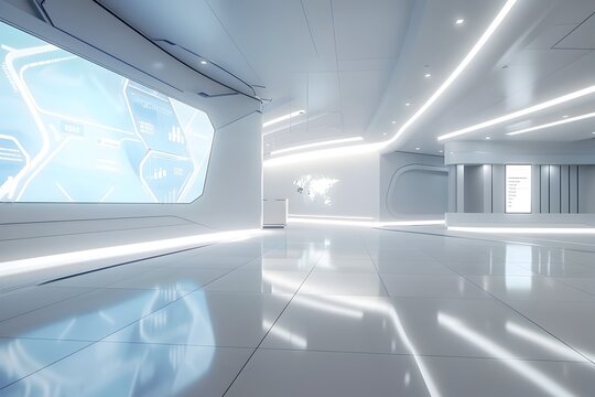 A modern and sleek lobby area with high-tech holographic screens and subway style LED walls in the style of light white and light azure This image is a perfect representation of advanced technology in