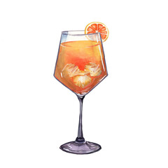 Watercolor illustration of an Aperol Spritz cocktail . isolated.
Colorful watercolor hand-painted illustration of a summery  orange cocktail