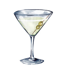 Watercolor illustration of a dirty Martini . isolated.
colorful watercolor hand painted illustration of an alcoholic beverage in a martini glass
