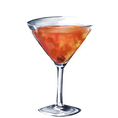 Watercolor illustration of a Manhattan cocktail in a martini glass. isolated