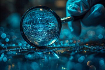 A detailed image showing a magnifying glass focusing on the intricate patterns of a circuit board with a blue-hued bokeh background