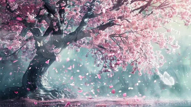 beautiful cherry tree with tender flowers. seamless looping overlay 4k virtual video animation background