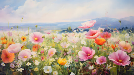 a field of flowers, field of very colorful flowers made with watercolor