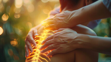 Fingers lightly tracing up and down a persons spine releasing any blockages and promoting energy flow.
