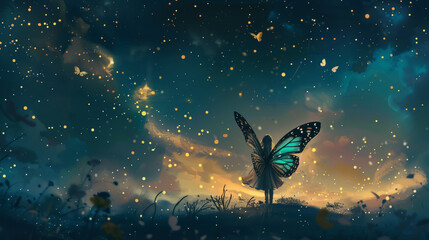 A fairy with butterfly wings stares the starry night - obrazy, fototapety, plakaty