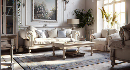a modern living room has white wood furniture