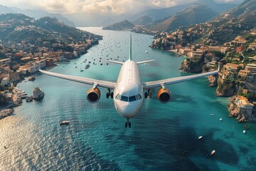 A stunning view as a large passenger airplane flies low over a picturesque coastal town with a deep...