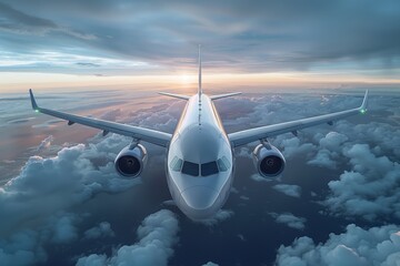 Atmospheric image of an airplane's frontal view with clouds and sunset hues in the sky - obrazy, fototapety, plakaty
