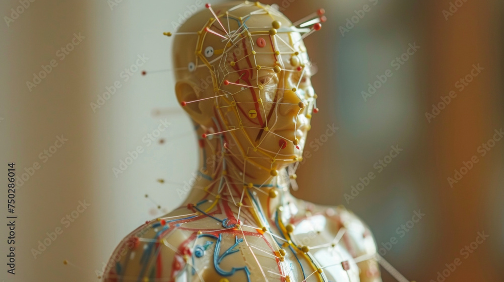 Poster an acupuncture model displaying the 12 primary meridians and their associated acupuncture points mar