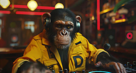 a monkey is wearing a dj shirt at a restaurant