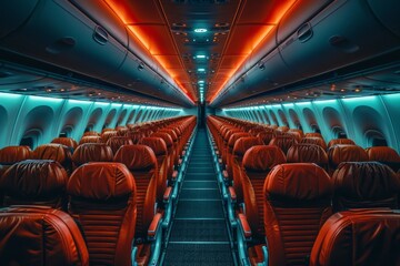 A sleek view of an airplane's interior with red leather seats aligned in both sides, giving a sense of travel luxury and comfort