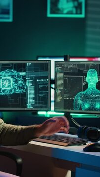 Vertical video Deviant AI superintelligence enslaving its creator, controlling his limbs, doing robotic movements. Rogue artificial intelligence possessing man, threating humanity, camera A