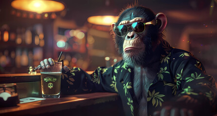 a monkey is wearing a dj shirt at a restaurant - obrazy, fototapety, plakaty