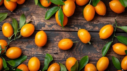 Kumquats on wooden table. Rustic tabletop with kumquats. Top view