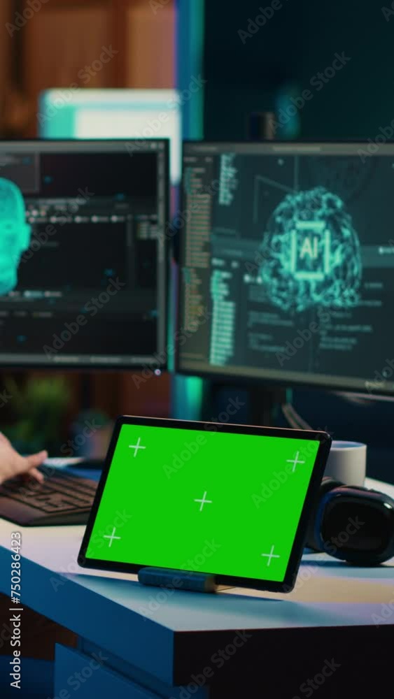 Poster vertical video developer using green screen tablet updating artificial intelligence machine learning