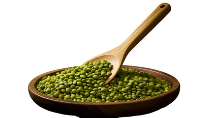 Mung beans or green beans in a wooden spoon, Isolated on transparent PNG background, Generative ai