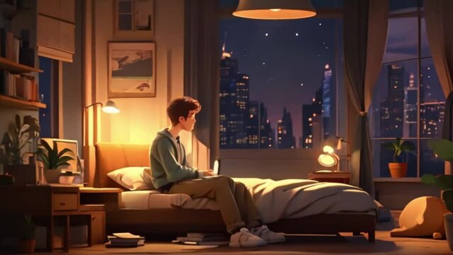 Lo fi music aesthetic is enhanced through a 4K video footage featuring 2D cartoon character animation set in a cozy bedroom interior, perfect for late-night studying with a captivating background