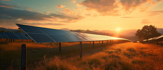 picturesque landscape with solar panels at golden hour - obrazy, fototapety, plakaty