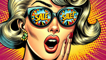A retro comic style showcasing a woman looking over her sunglasses with an expression of utter amazement over a SALE - obrazy, fototapety, plakaty