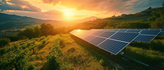 picturesque landscape with solar panels at golden hour - obrazy, fototapety, plakaty