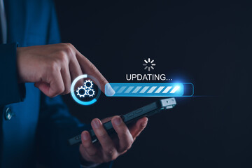 Software update or operating system upgrade concept. Man working and install software data update...