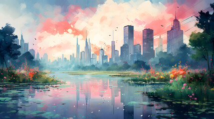 city ​​painted in watercolor, city with nature