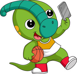 Cute little dinosaur cartoon taking selfie with phone