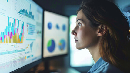 A woman is looking at a computer monitor with multiple graphs on it. She is focused and attentive, possibly analyzing the data on the screen. Concept of concentration and productivity