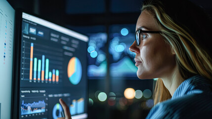 A woman is looking at a computer monitor with a lot of graphs and numbers on it. She is pointing at a specific graph and seems to be focused on it. Concept of concentration and analytical thinking