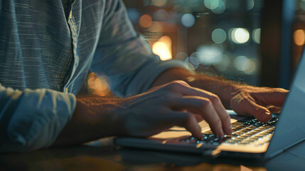 A man is typing on a laptop in a dimly lit room. Concept of focus and concentration as the man works on his computer. The lighting and the man's posture suggest that he is deeply engaged in his task