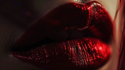 A woman's lips are painted red with glitter. The lips are the main focus of the image, and the glitter adds a touch of glamour and shine. Scene is one of beauty and sophistication