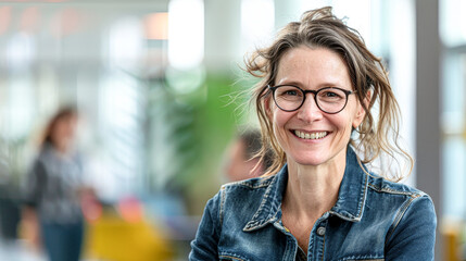 A woman wearing glasses and a blue jacket is smiling. She is the main focus of the image - Powered by Adobe