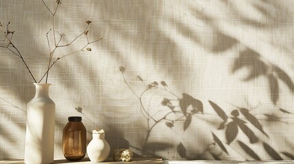 Tranquil Backdrop with Nordic Counter & Leaf Shadows for Product Displays