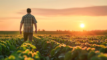 A man stands in a field of green plants, looking at the sun as it sets. Concept of peace and...