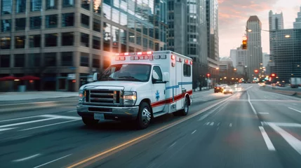 Muurstickers Motion blur medical ambulance vehicle speeding on the way for accident or health care emergency services concept. © Oulaphone