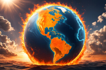 A burning globe, flames engulfing the world, depicts a chilling vision of global catastrophe. Earth ablaze, adrift in a sea of fire and the fallout of atomic war. - obrazy, fototapety, plakaty
