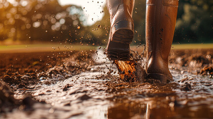 A person's feet are in muddy water, with the water splashing up around them. The scene is a bit chaotic and messy, but also somewhat playful and fun - obrazy, fototapety, plakaty