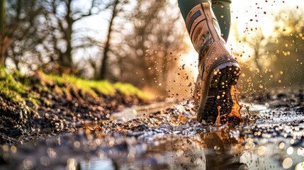 A person is running through a muddy field, splashing water everywhere. The scene is lively and energetic, with the person's movements creating a sense of motion and excitement