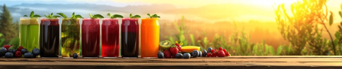 A wooden table overflowing with a colorful array of fruits. The image features grapes, a mango, a pineapple, a watermelon slice, and a kiwi. The background is blurred.