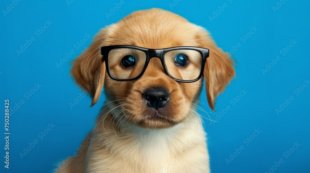 Poster adorable puppy wearing glasses in studio setting with ample space for text placement