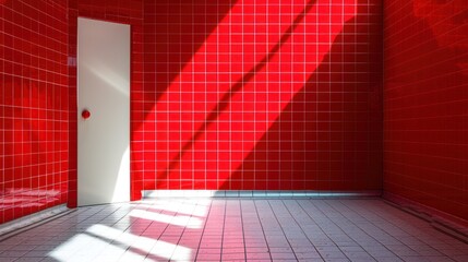  a red tiled room with a white door and a red tiled wall with a white door and a red tiled wall with a white door and a red tile floor and a white door.