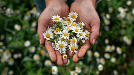 A persons cupped hands hold a pile of freshly picked chamomile flowers known for their calming and soothing properties in traditional healing techniques.