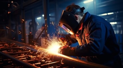 Professional welder working on medium sized pipe with blue light, close up metal welding process