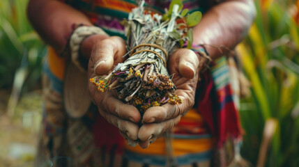 A shaman holding a bundle of sage traditionally used in South American cultures for spiritual cleansing and purification. - obrazy, fototapety, plakaty