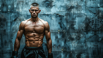 Fototapeta na wymiar A man with a muscular body is standing in front of a wall. He is wearing boxing gloves and he is posing for a photo. Concept of strength and determination, as the man's physique