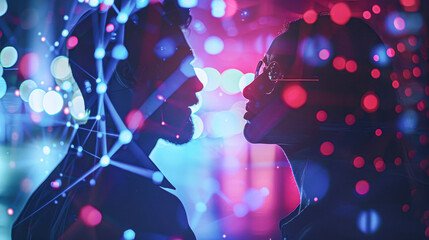 A man and woman are kissing in a blurry image. The image is in a blue and purple color scheme